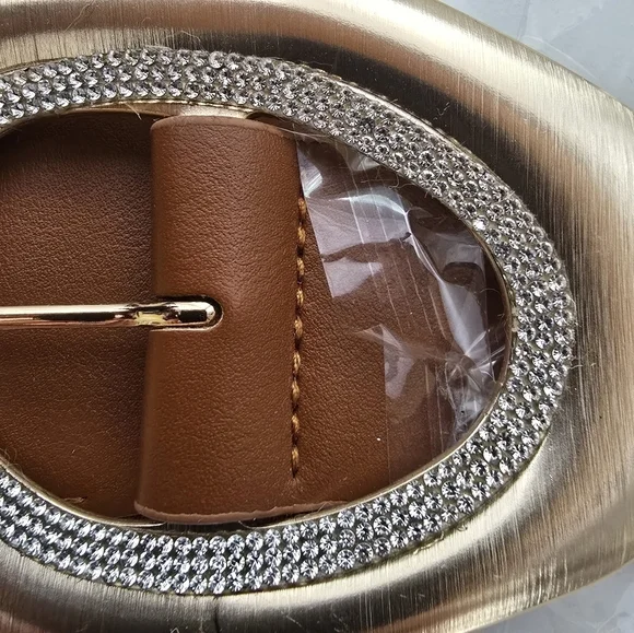 NEW Brown Stone Paved Abstract Golden Oval Buckle Elastic Belt - Picture 7 of 9